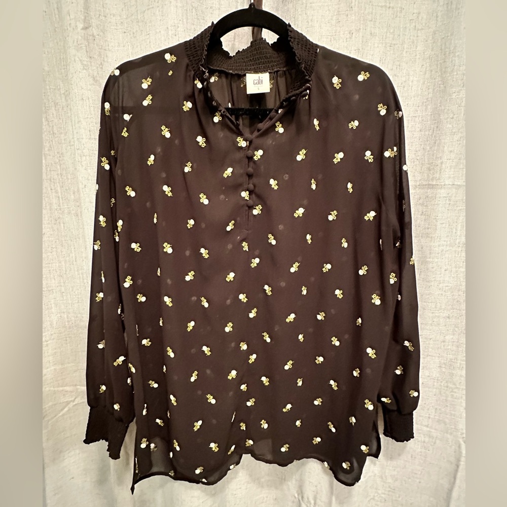 CAbi sheer blouse, high elasticized collar and cuffs - S